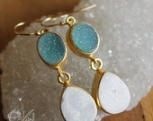 SALE 15 OFF Ice Blue Druzy & Snow White Druzy Earrings - 14K Gold Fill - Breezy Summer Tones