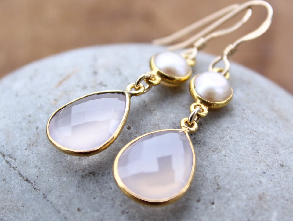 Gold White Pearl and Pink Chalcedony Earrings - Bridal Earrings - 14Kt Gold Fill