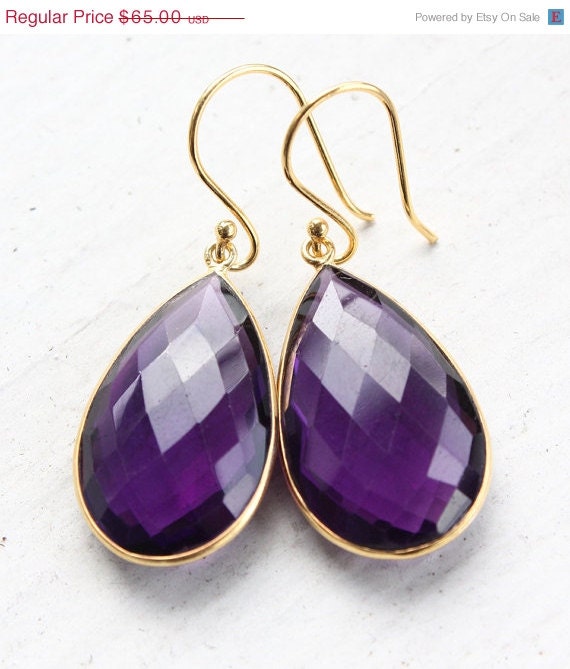 Memorial Day SALE Gold Purple Amethyst Earrings - Quartz, Teardrops - Bridesmaids Earrings, Royal Purple