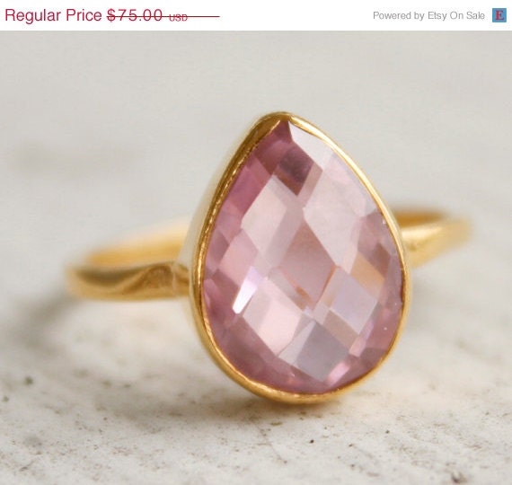 SALE 15 OFF Stacking Ring- Gemstone Ring- Gold Pink Quartz Ring - Princess Pink - Vermeil Gold