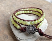 Lemon Jade  Beaded Leather Wrap Bracelet
