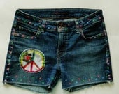 Cutoffs - Jeans - Sz 10 - Levis - Boho - Hippie - Frayed - Womens - Eco Friendly - Repurposed - Polka Dots - Peace Sign