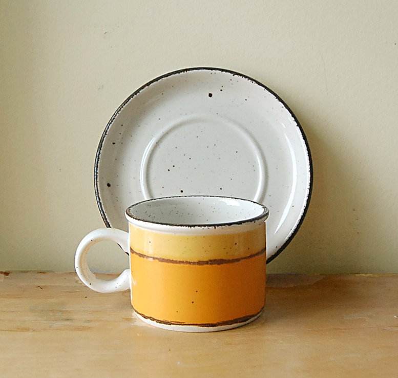 Vintage Organic 1970s Midwinter Sun Tea or Coffee Cup and Saucer Plate in Harvest Orange and Yellow with Specks..