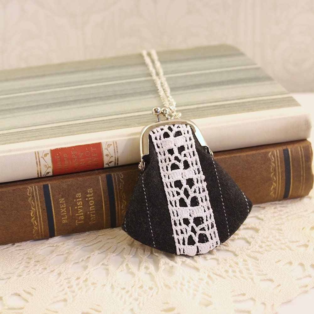 coin purse necklace, black pinstripe with vintage lace trim, silver chain