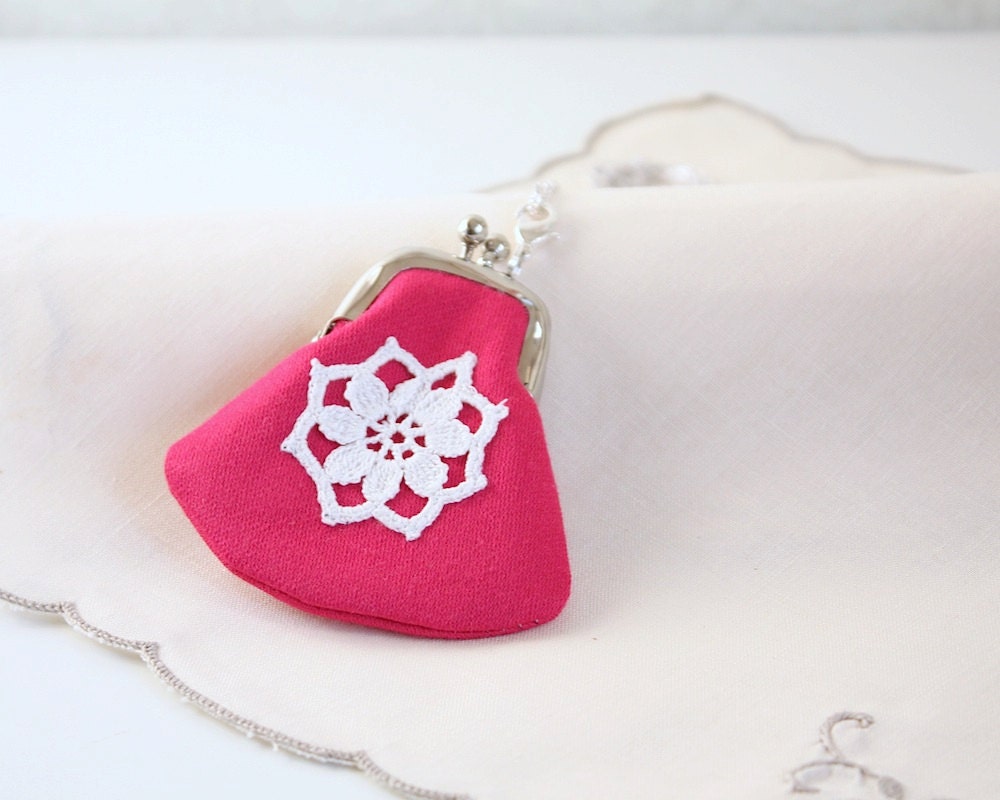 coin purse necklace with vintage crocheted lace, pink-silver