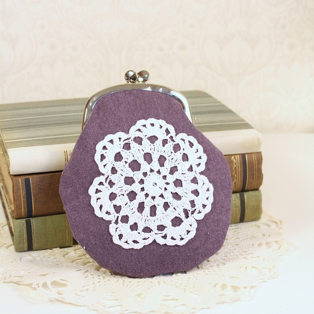 coin purse with vintage crocheted lace, violet