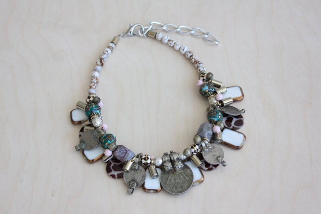 Minakshi necklace in green - Semi-precious stones and antique coins statement short necklace