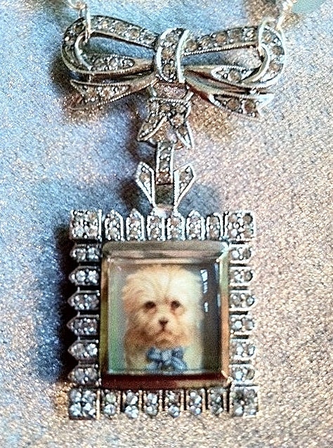 Charming Baroque Pearl and Aquamarine Necklace with Vintage Sterling Paste Bow Top Brooch with Dog Portrait
