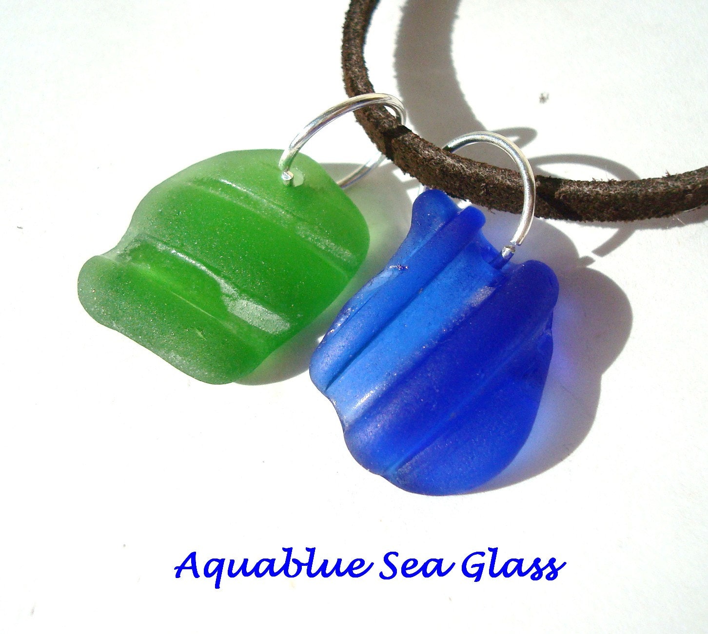 2  Drilled Sea Glass  Big Charms  Cobalt Blue And Green Bottle Neck Seaglass Free Shipping  (314)