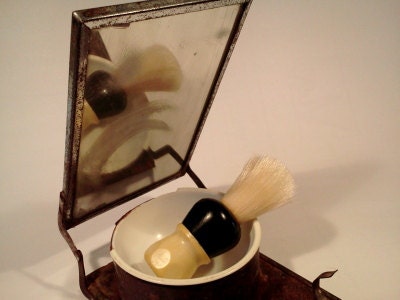 Vintage Portable Shaving Mirror and Brush Rusty Rustic Patina
