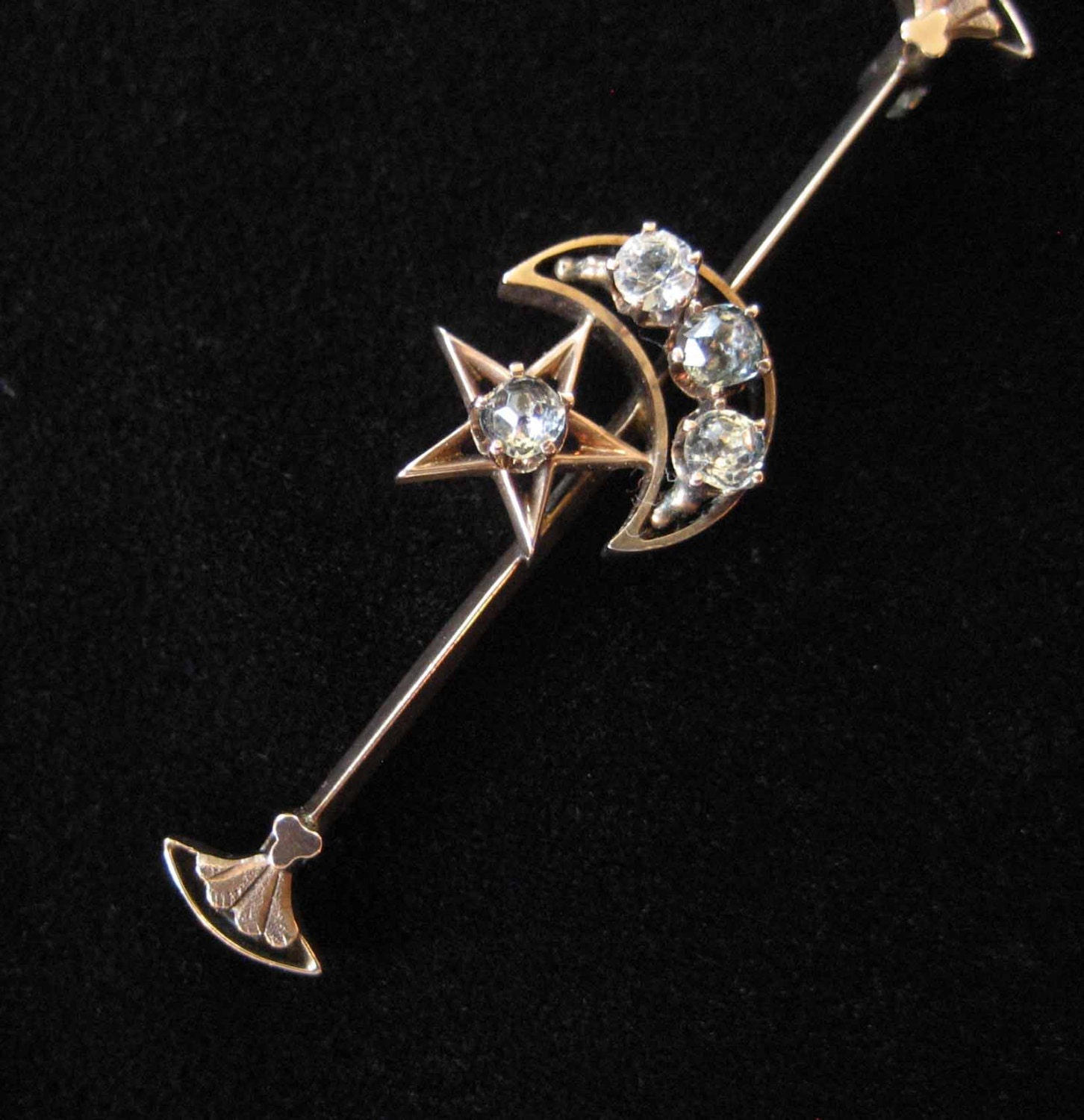 Edwardian New Moon and Star Bar Pin, 10K Gold, Paste Stones