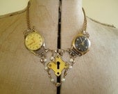 Handmade Steampunk Antique Watches Necklace with Vintage Brass and Antique Pearls,Eco Friendly Jewellery