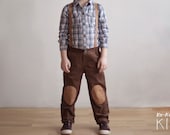 Knee Patch Corduroy Pants With Suspenders. BROWN