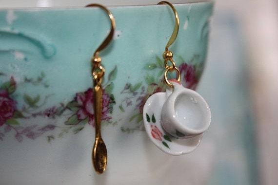 Tea cup Earrings and Golden Spoon