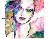 Art fashion face illustration portrait in watercolor print drawing fine art hand signed in limited edition of 100
