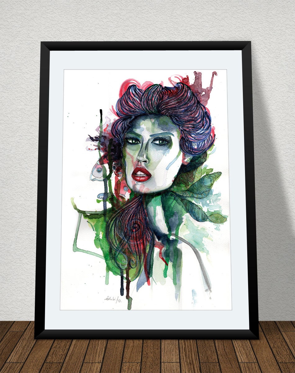 Fishes woman Art fashion face illustration portrait in watercolor print drawing fine art hand signed in limited edition of 100