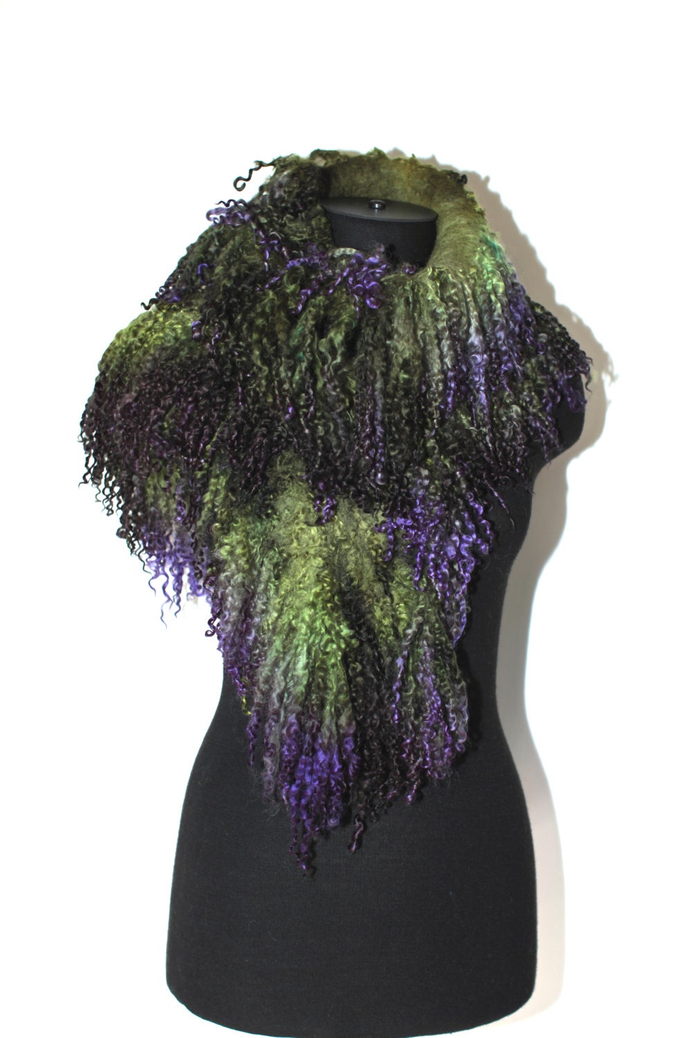 Felted Scarf Collar Fur Free Ahimsa Sheep Locks Merino Wool Hand Dyed OOAK