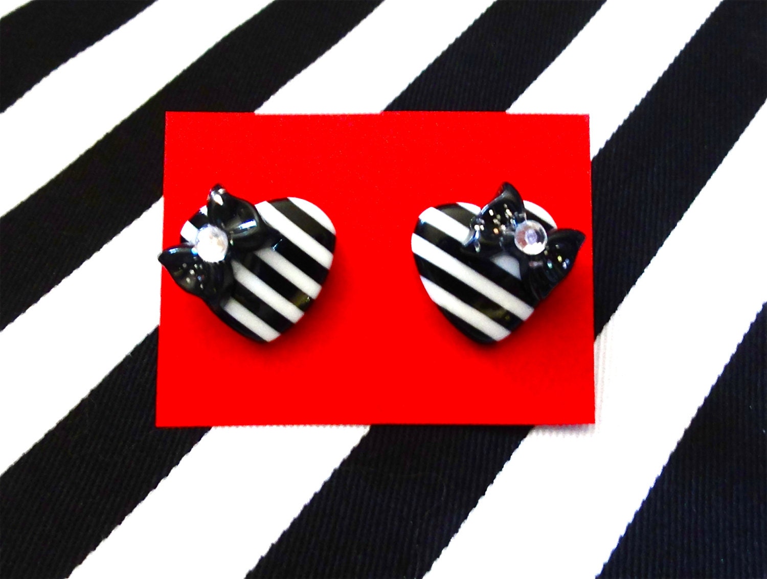 Pinup Sweetie Hearts and Bows Striped Earrings - Black