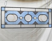 Stained Glass Panel with 1950s Jeannette Glass Harp Pattern Crystal Coaster and Ashtrays