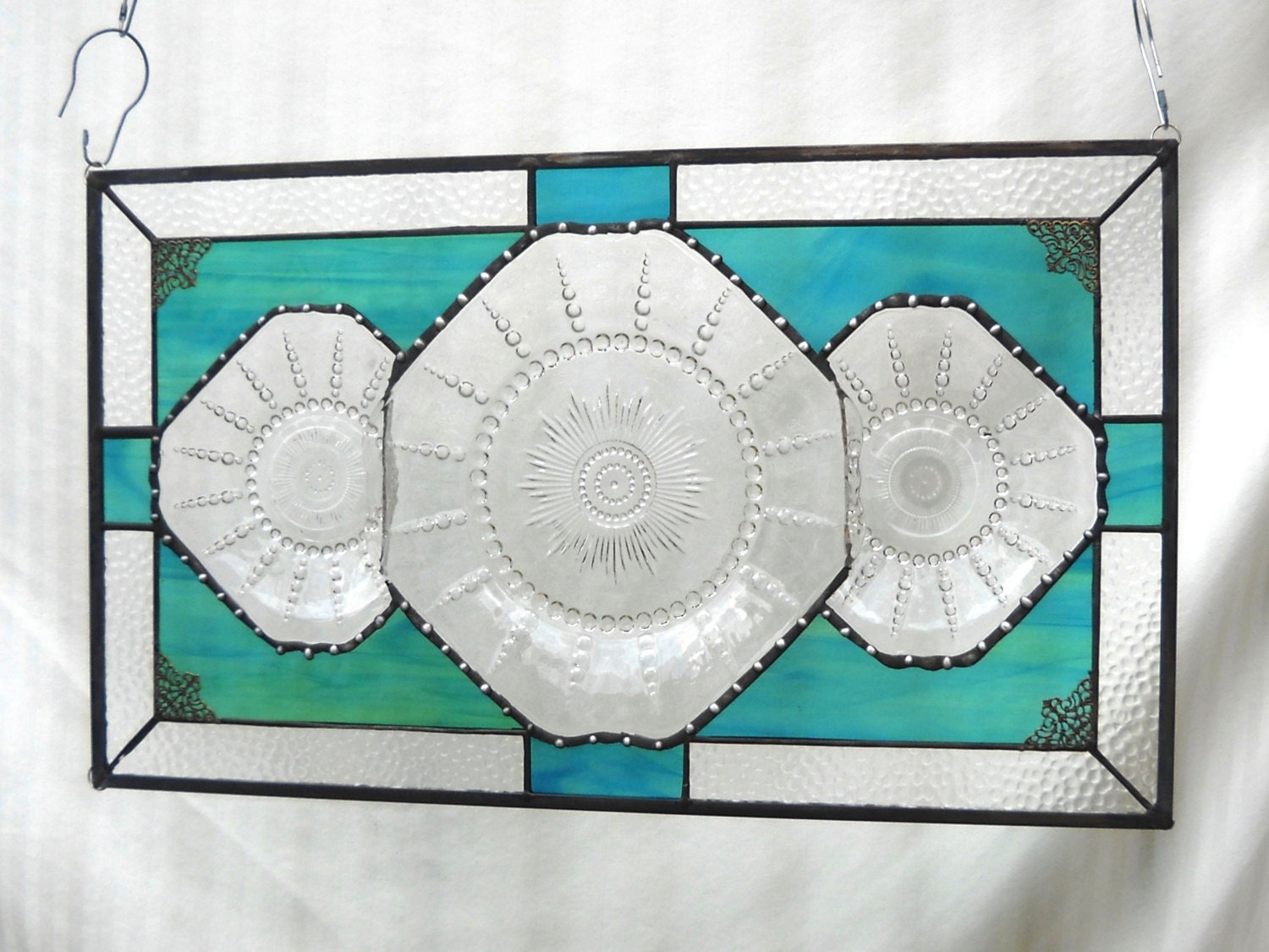 Columbia Plate Stained Glass Panel Vintage Window Treatment with Depression Glass Dish