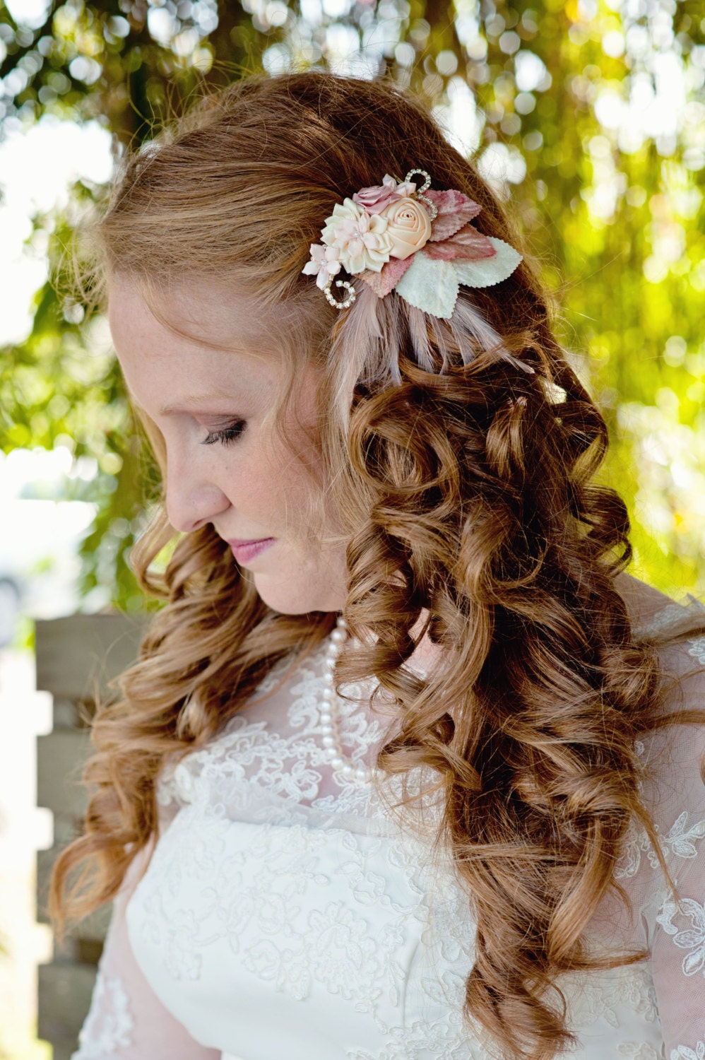 ON SALE- bridal accessories-Bridal headpiece-Ivory,mauve, pink flowers-feathers-velvet leaves-rhinestones on metal comb-very victorian