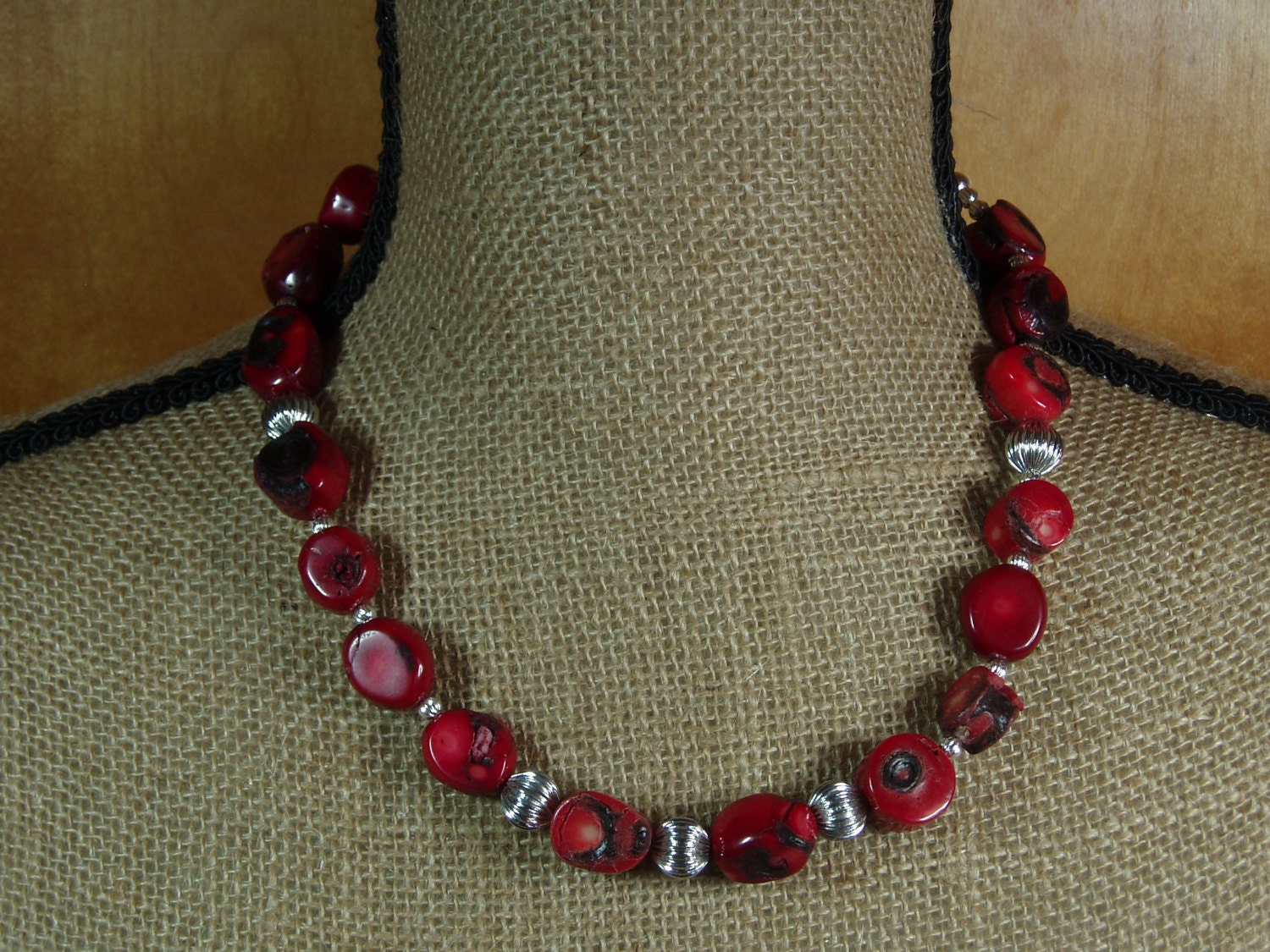 Natural Red Sea Coral Branch Slices, .925 Sterling Silver Necklace and Earrings