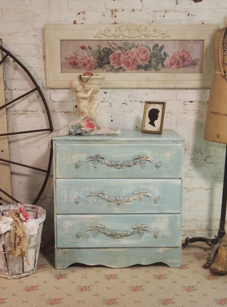 Painted Cottage Chic Shabby Aqua Romantic French Night Table