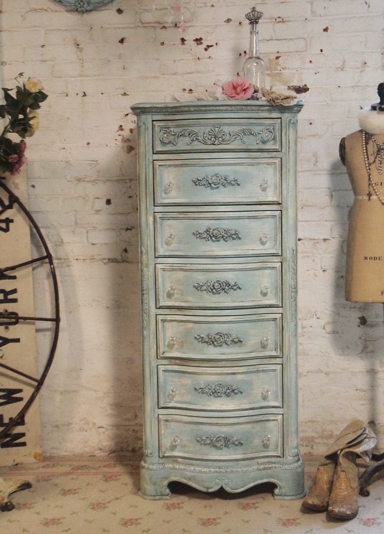 Painted Cottage Chic Shabby Aqua LIngerie Chest