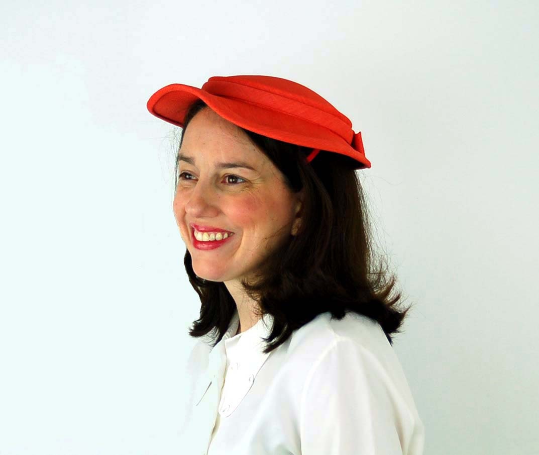 1940s flat hat, cartwheel hat, orange salmon coral, hat, curvy brim, linen hat