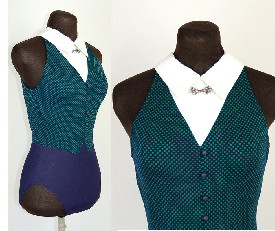 1980s bathing suit, tuxedo bathing suit, blue green, bathing suit with collar, faux vest, polka dot swimsuit, Size 8