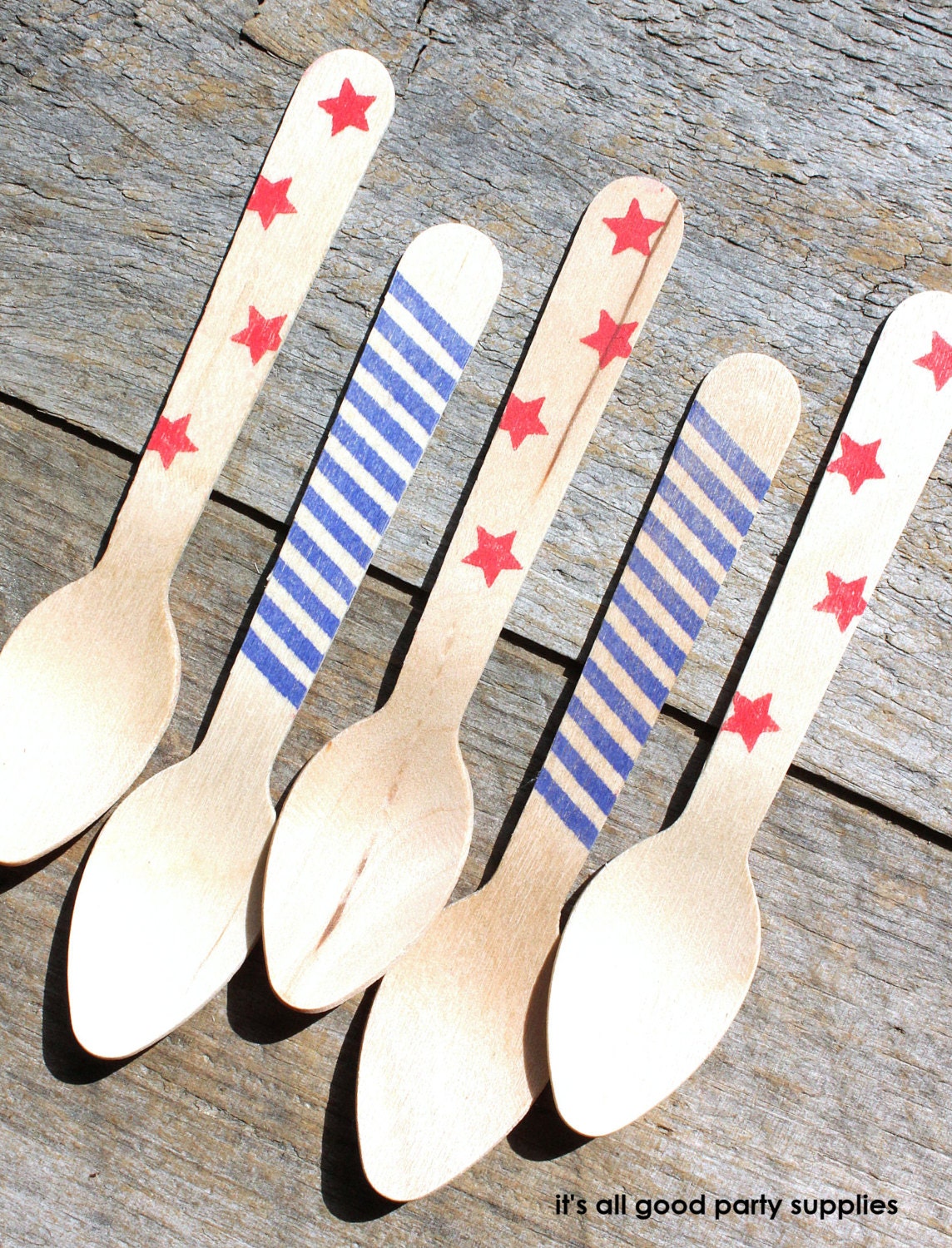 Patriotic Small Wooden Spoons with Stars and Stripes - Eco-friendly Small Ice Cream or Cupcake Spoons (set of 36)