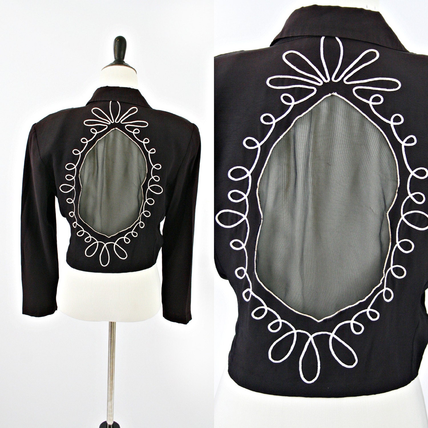 vintage 90s BLACK cropped SHEER open back jacket size M/L