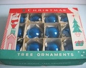 One dozen Vintage 1950's Christmas tree Glass ornaments in box.  Poland.  2.5 inch.  Blue.