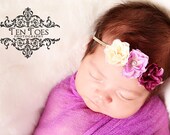 Purple & White Triple Rose Silk Flower Skinny Elastic Newborn Baby Girl Headband - Toddler Child  Photography Prop Vintage - Ready to Ship