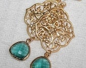 Sea Glass Green & Gold Oriental Filigree Chandelier Earrings, Airy Bold Boho-Chic Bohemian Ornate dangle Green Drop Earrings, Paisley