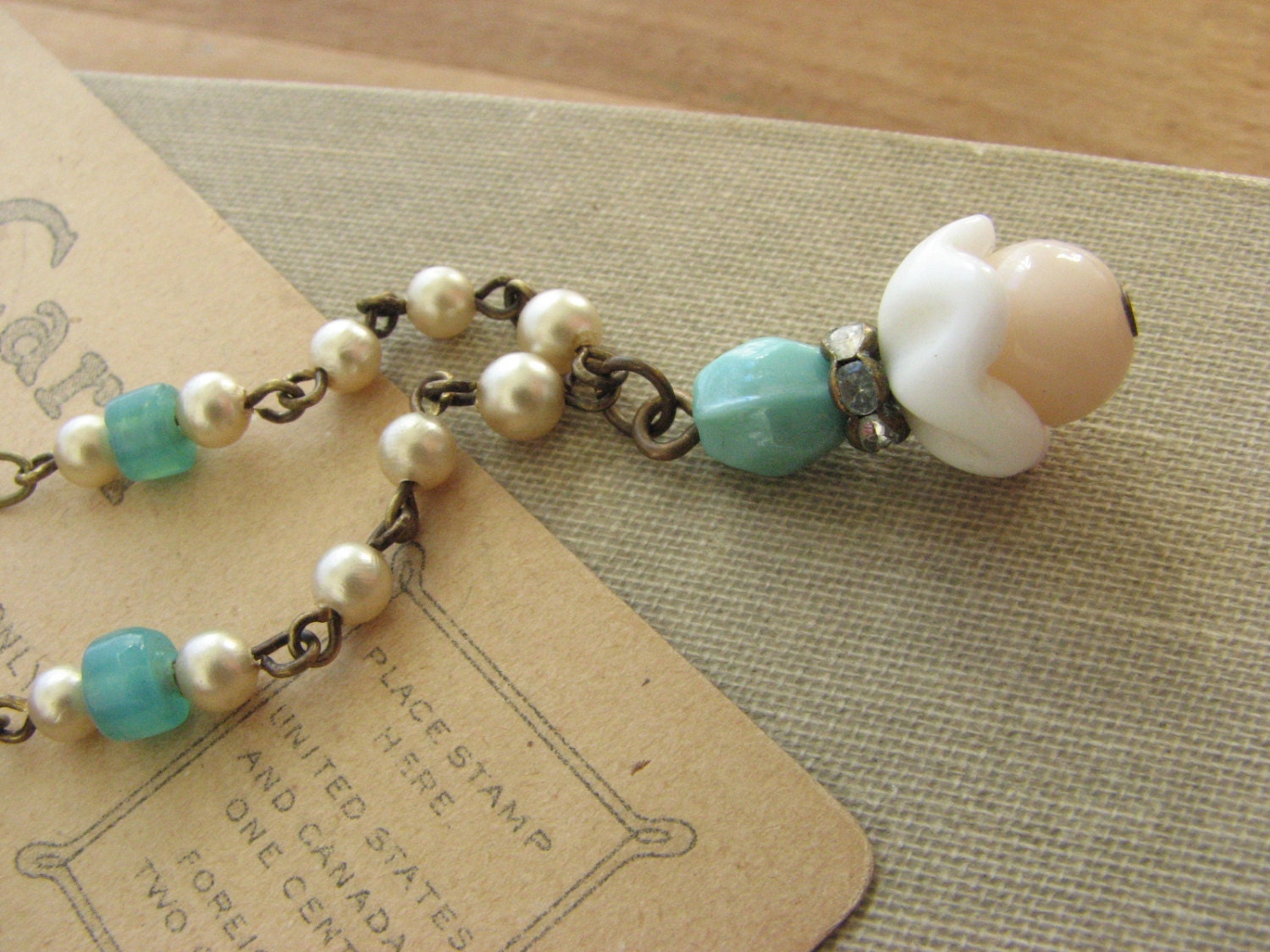 Delicate Shabby Chic Pastel Necklace -blush pink and aqua blue with vintage pearls-