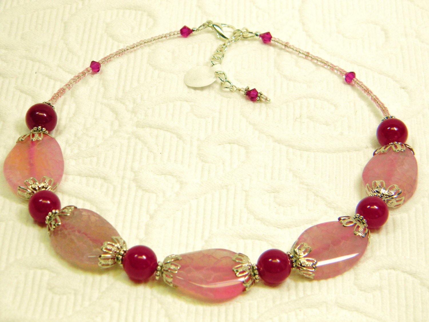 Chunky Pink Leaf Agate, Fushia Jade, Silver, Crystal, Seed Bead Necklace
