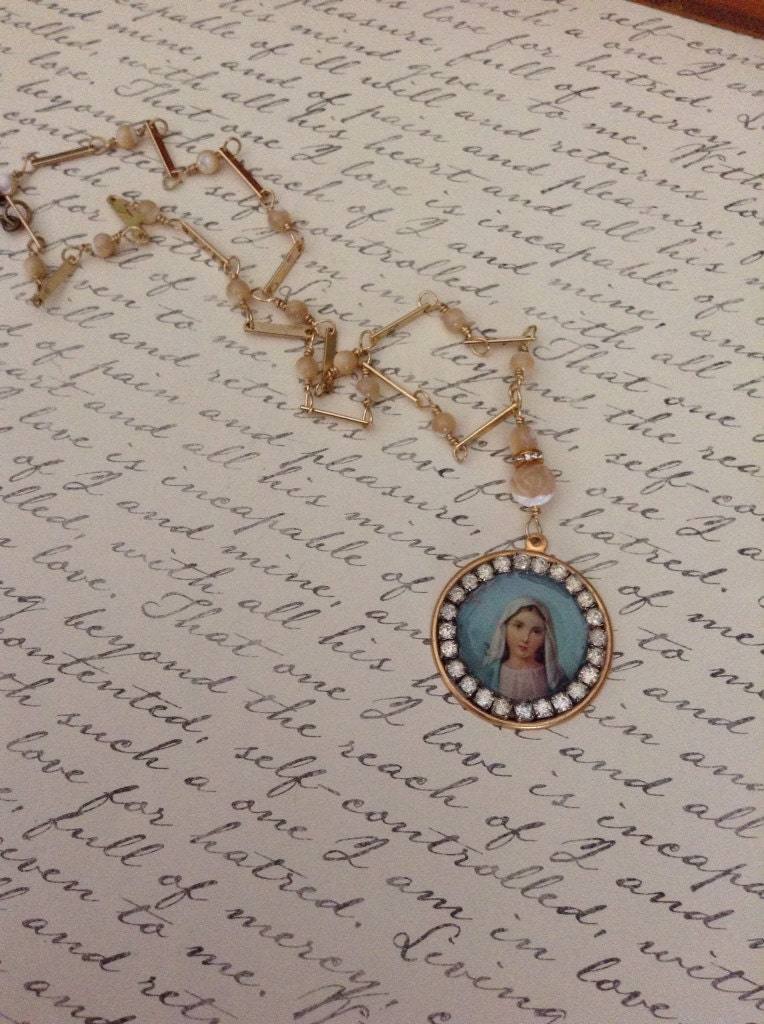 Upcycled Religious Mary with Wire wrapped Mother of Pearl and Bar chain assemblage Necklace,Resin filled, vintage Rhinestones