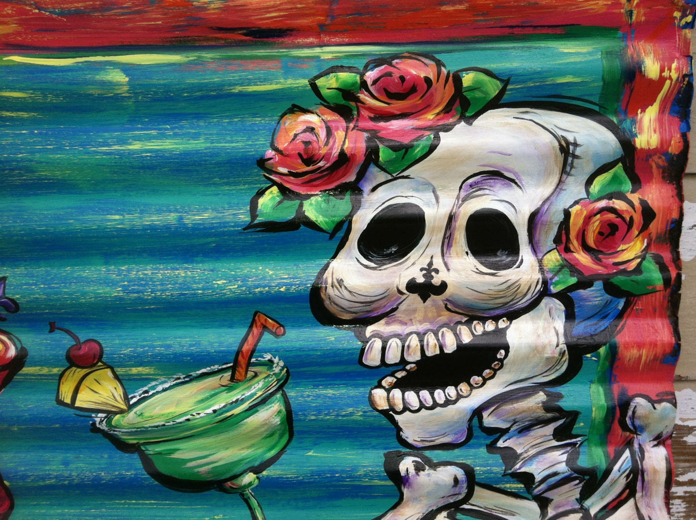 Metal Sign with Colorful Drinks and Day of the Dead Skeleton - Salvaged Metal Roofing