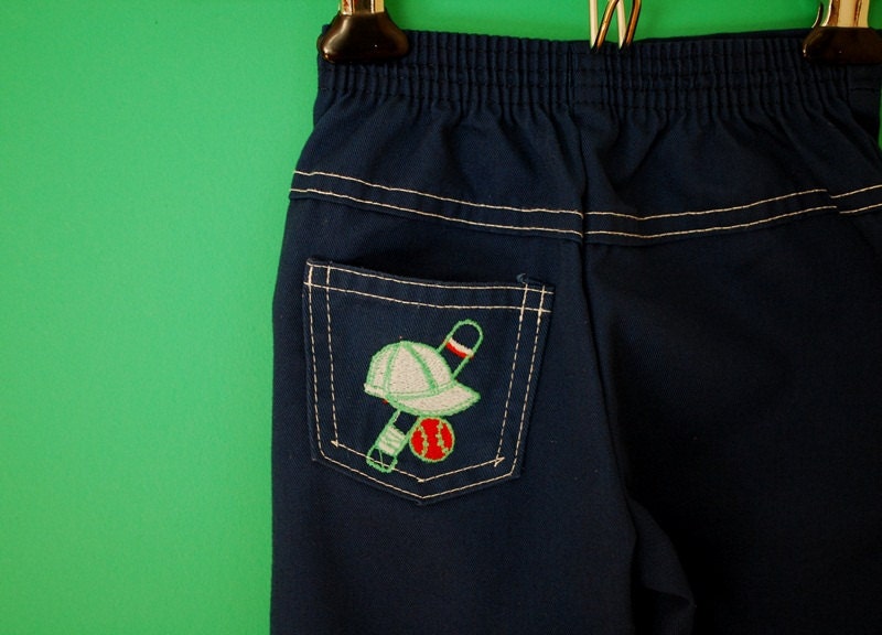 Vintage Navy Blue Pants with Baseball Applique- Size 12 Months