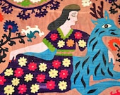 Rare Antique Suzani Girl & Deer composition - LARGE wall hanging  - fully handmade silk embroidery.