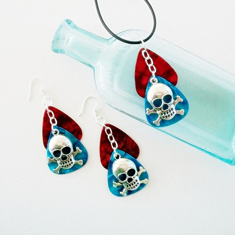 SALE Rockabilly Guitar Pick Pendant & Earring Set Skull and Crossbones