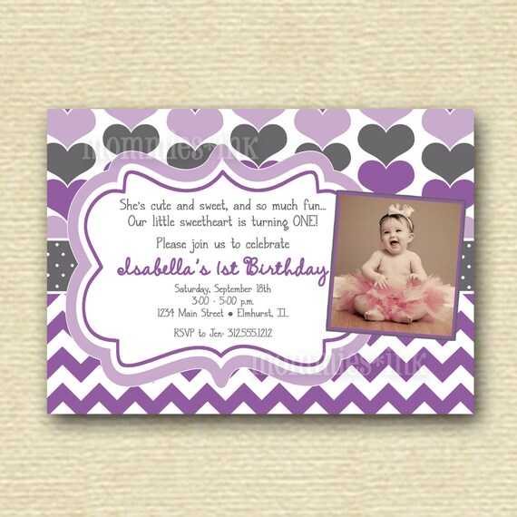 Purple and Gray Sweetheart Hearts Birthday Party Photo Invitation - PRINTABLE INVITATION DESIGN Il_570xn