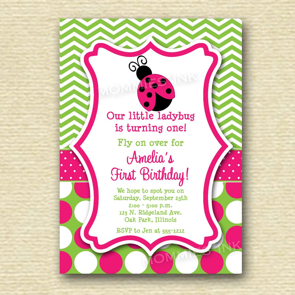 Pink Ladybug and Green Chevron with Polka Dots Birthday Invitation - PRINTABLE INVITATION DESIGN Il_570xn