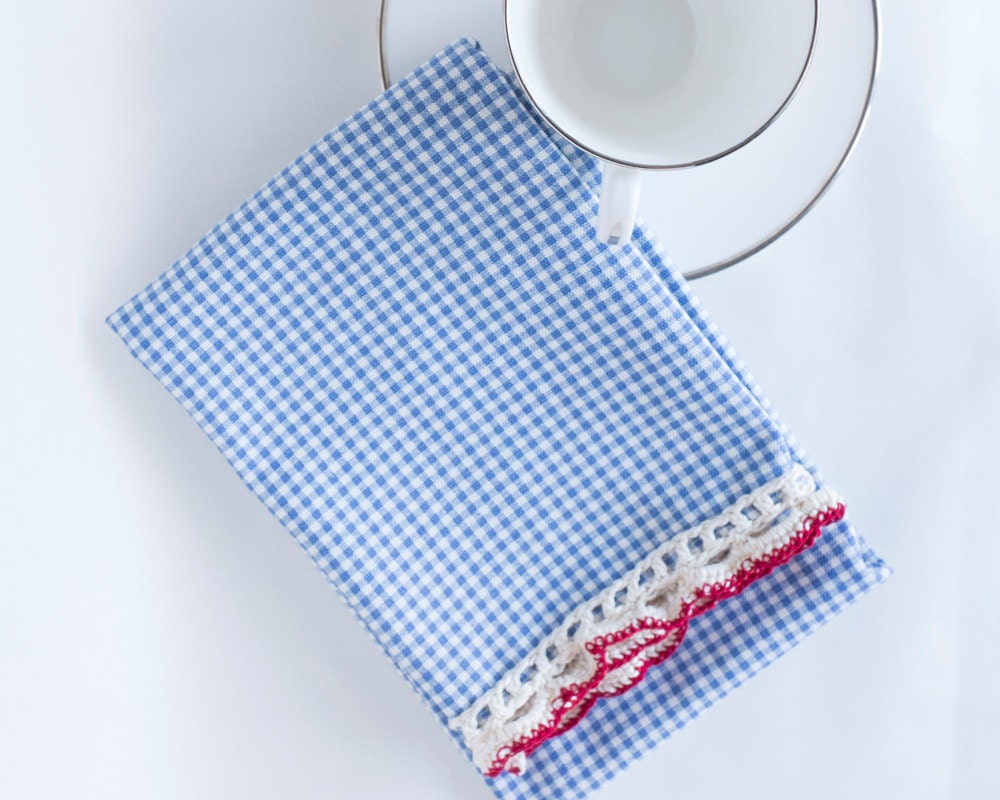 Kitchen towel, crochet edging, blue gingham guest towel