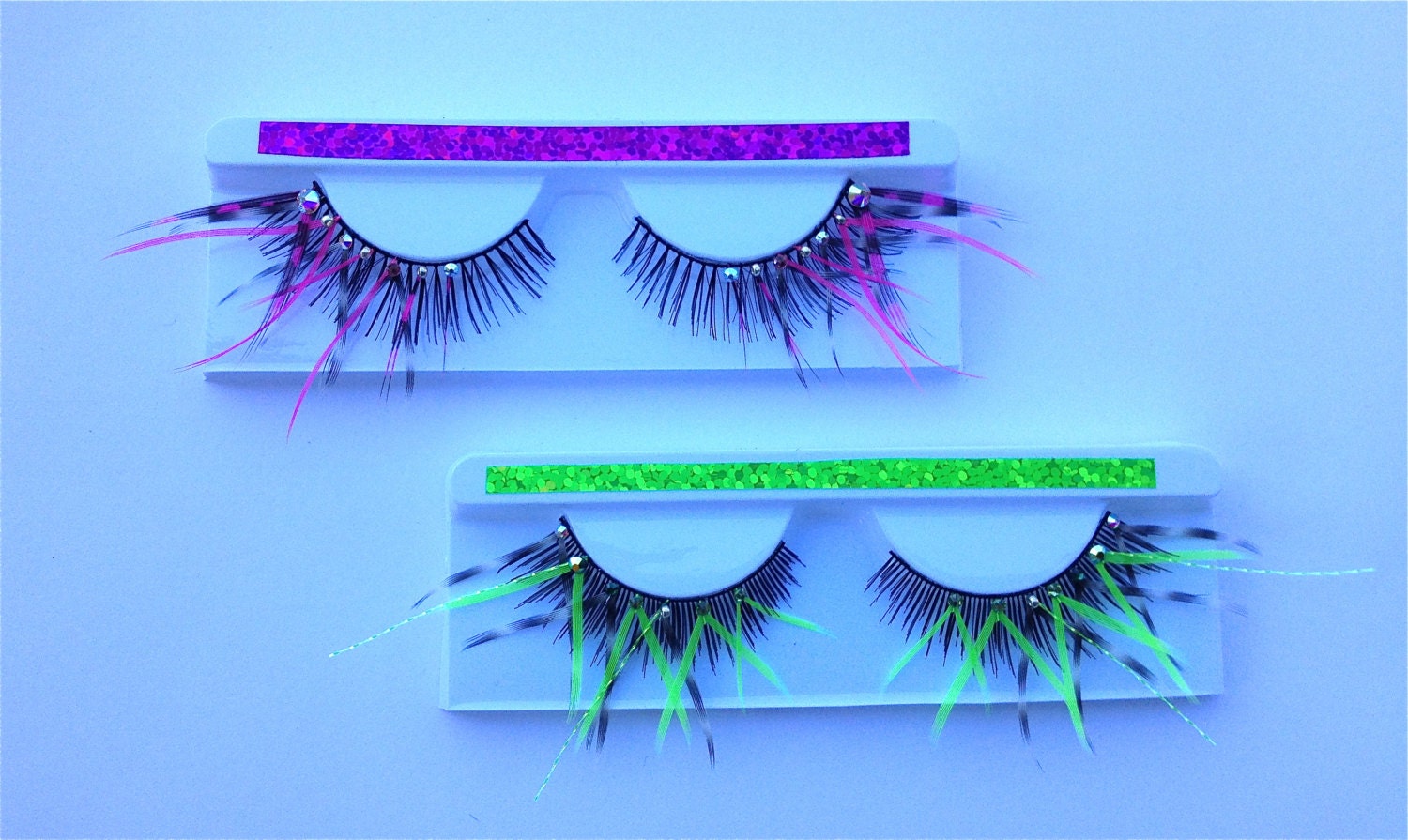 Two Pair UV Burlesque Feather Lashes Pink and Green