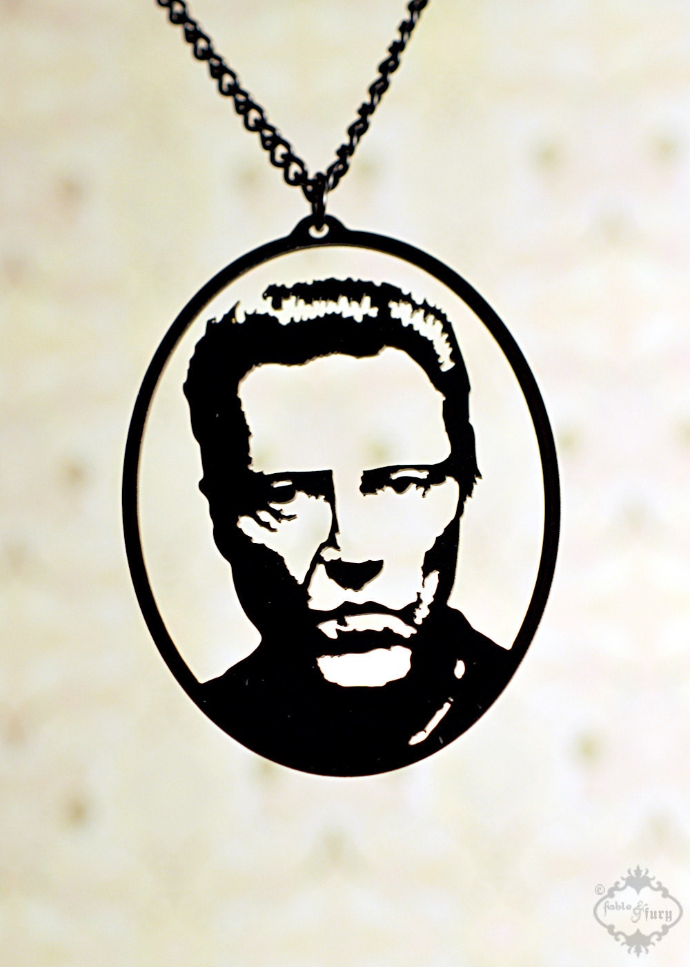 Christopher Walken tribute silhouette necklace, portrait pendant in black stainless steel