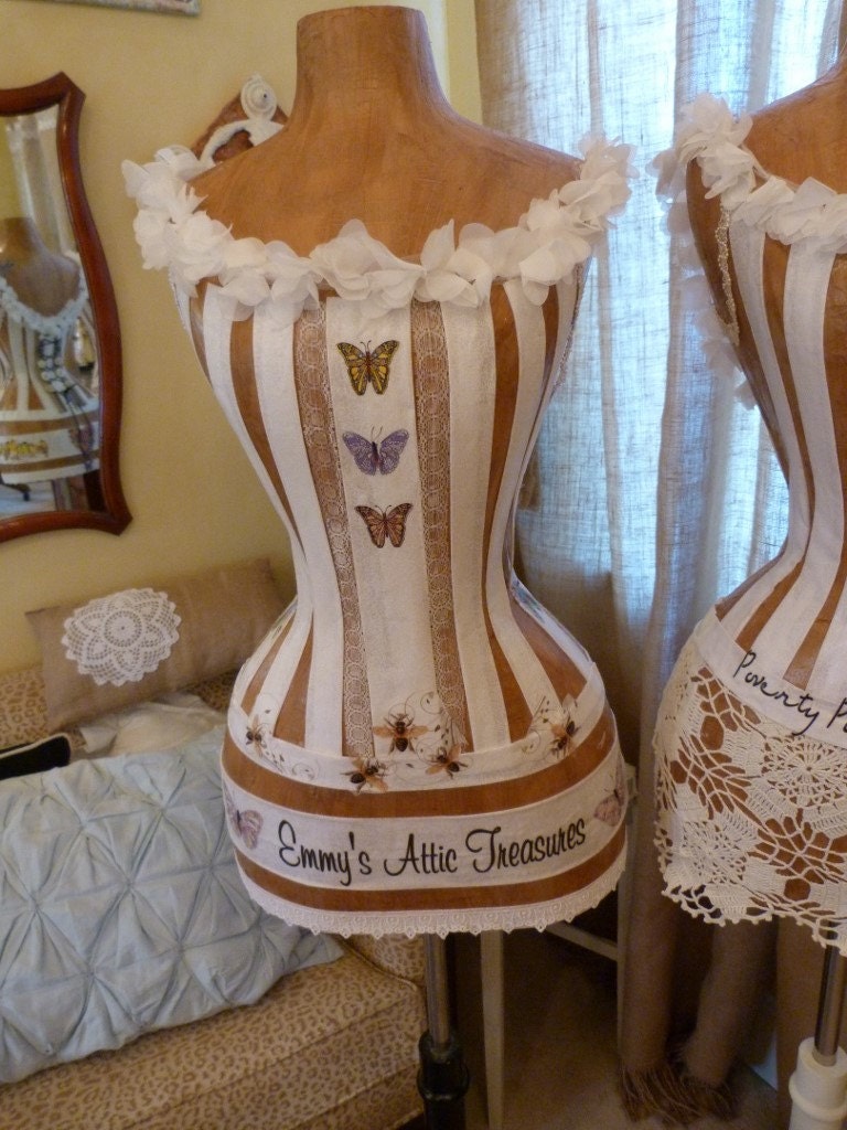 Vintage Inspired Dress Form Mannequin Wasp Waist  Fashion Designer Bees Dragonflies Butterflies Hearts Romantic Cottage Free Ship
