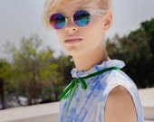 NEW Flower print blue shirt with green velvet tying and pleats