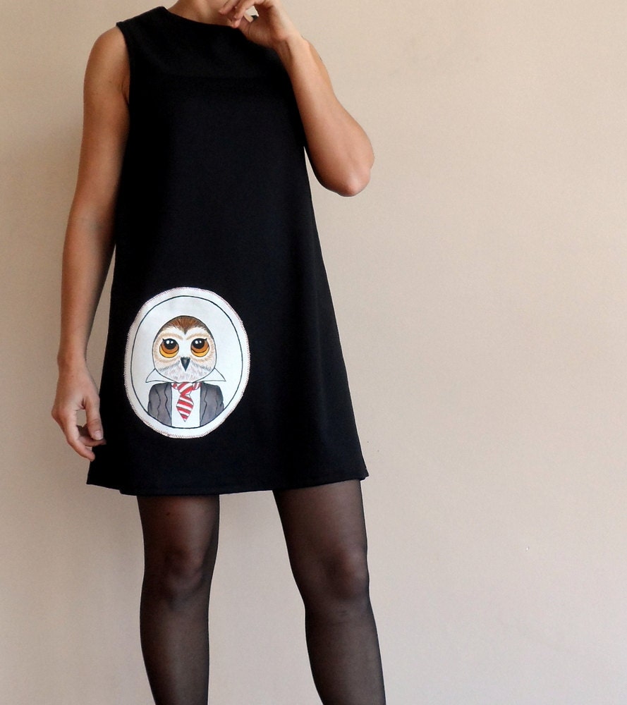 Womens Black Mini Cotton Jersey Dress, handpainted Owl applique, Party dress , size small